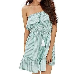 American Eagle Size Small Green White Strapless Dress Cinch Waist Pockets‎ Lined